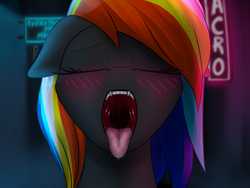 Size: 2000x1500 | Tagged: safe, artist:skanim-sdw, imported from derpibooru, oc, oc only, oc:darky wings, pony, blushing, eyes closed, fangs, female, floppy ears, maw, mawshot, neon, neon sign, open mouth, teeth, tongue out