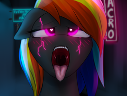 Size: 2000x1500 | Tagged: safe, artist:darky_wings, imported from derpibooru, oc, oc only, oc:darky wings, pony, ahegao, blushing, cyberpunk, fangs, female, floppy ears, glowing eyes, heart eyes, looking up, maw, mawshot, neon, neon sign, open mouth, teeth, tongue out, wingding eyes