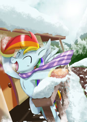 Size: 1024x1449 | Tagged: safe, artist:neoshrek, imported from derpibooru, rainbow dash, pegasus, pony, ^^, clothes, eyes closed, female, fir tree, house, mare, mittens, open mouth, open smile, railing, scarf, smiling, snow, solo, tree