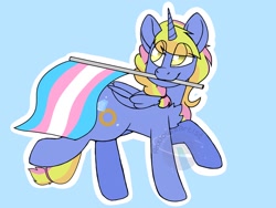 Size: 2048x1536 | Tagged: safe, artist:anxioussartist, imported from derpibooru, oc, oc only, oc:platinum band, alicorn, pony, alicorn oc, flag, holding a flag, horn, male, mouth hold, pride, pride flag, simple background, solo, transgender, transgender pride flag, watermark, wings