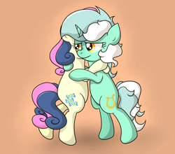 Size: 3252x2864 | Tagged: safe, artist:background basset, imported from derpibooru, bon bon, lyra heartstrings, sweetie drops, earth pony, pony, unicorn, bipedal, duo, female, high res, hug, lesbian, lyrabon, mare, shipping, simple background, smiling