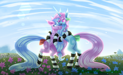 Size: 4400x2700 | Tagged: safe, artist:greenmaneheart, imported from derpibooru, oc, oc only, oc:lady ding, oc:lady ring, pony, unicorn, bow, clothes, female, high res, hug, mare, socks, striped socks, tail bow