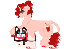 Size: 1280x854 | Tagged: safe, artist:itstechtock, imported from derpibooru, oc, oc only, oc:valentine frapuccino, classical unicorn, dog, pony, unicorn, cloven hooves, epilepsy, female, horn, leonine tail, magical lesbian spawn, mare, offspring, parent:cinnamon chai, parent:morning roast, service dog, simple background, solo, unicorn oc, unshorn fetlocks, white background