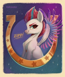 Size: 2928x3462 | Tagged: safe, artist:harellysad, imported from derpibooru, zipp storm, pegasus, pony, abstract background, feather, female, g5, high res, horseshoes, looking at you, mare, smiling, solo, spread wings, stars, text, wings