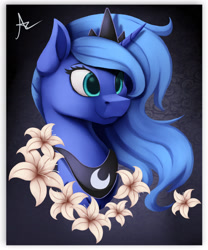 Size: 1280x1536 | Tagged: safe, artist:ac-whiteraven, imported from derpibooru, princess luna, alicorn, pony, bust, crown, female, flower, jewelry, mare, portrait, regalia, solo