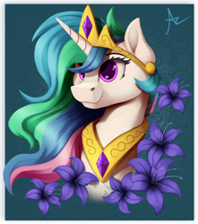 Size: 1280x1448 | Tagged: safe, artist:ac-whiteraven, imported from derpibooru, princess celestia, pony, bust, crown, female, flower, jewelry, mare, portrait, regalia, solo