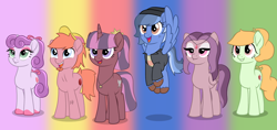 Size: 4750x2239 | Tagged: artist needed, safe, artist:colorcodetheartist, artist:darlyjay, imported from derpibooru, oc, oc:batter, oc:coy crispin, oc:kunzite, oc:liquid courage, oc:mystic magpie, oc:silver lining, abstract background, base used, crossover ship offspring, interspecies offspring, offspring, osomatsu-san, parent:applejack, parent:choromatsu matsuno, parent:fluttershy, parent:ichimatsu matsuno, parent:jyushimatsu matsuno, parent:karamatsu matsuno, parent:osomatsu matsuno, parent:pinkie pie, parent:rainbow dash, parent:rarity, parent:todomatsu matsuno, parent:twilight sparkle, parents:chorojack, parents:ichishy, parents:jyushipie, parents:karadash, parents:osotwi, parents:raritodo