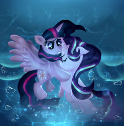 Size: 1024x1037 | Tagged: safe, artist:doraeartdreams-aspy, imported from derpibooru, starlight glimmer, twilight sparkle, alicorn, pony, unicorn, bubble, crepuscular rays, duo, duo female, eyelashes, eyes closed, female, flowing mane, flowing tail, horn, ocean, open mouth, purple eyes, purple mane, redraw, spread wings, twilight sparkle (alicorn), underwater, water, wings