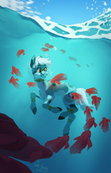 Size: 1600x2500 | Tagged: safe, artist:joan-grace, imported from derpibooru, oc, oc only, fish, pony, bubble, commission, crepuscular rays, ocean, signature, smiling, solo, sunlight, swimming, underwater, water, ych result, yellow eyes