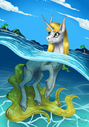 Size: 2049x2927 | Tagged: safe, artist:samadriel, imported from derpibooru, oc, oc only, pony, unicorn, bubble, chest fluff, cloud, ear fluff, eyelashes, female, flowing tail, green eyes, high res, horn, ocean, palm tree, sky, solo, tree, underwater, unshorn fetlocks, water, yellow mane