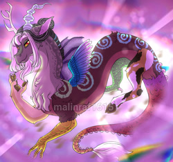 Size: 1280x1196 | Tagged: safe, artist:malinraf1615, imported from derpibooru, discord, draconequus, bright lights, my little pony 'n friends, abstract design, alternate hairstyle, beard, big ears, claws, facial hair, floating, g1, long hair, looking at you, male, markings, pale belly, redesign, signature, solo, spots, story included, swirls, tattoo, watermark
