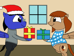 Size: 1500x1125 | Tagged: safe, artist:blazewing, imported from derpibooru, oc, oc only, oc:blazewing, oc:pecan sandy, pegasus, atg 2021, bipedal, christmas, christmas sweater, chubby, clothes, drawpile, female, glasses, hat, holiday, male, mare, newbie artist training grounds, oc couple, pants, present, santa hat, smiling, snow, spread wings, stallion, sweater, window, wings