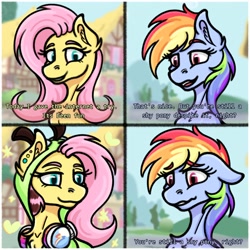 Size: 2000x2000 | Tagged: safe, artist:phazerarts, imported from derpibooru, fluttershy, rainbow dash, pegasus, pony, antonymph, clothes, comic, cutie mark accessory, dialogue, ear piercing, fluttgirshy, for the better right?, gir, hair dye, headphones, high res, hoodie, invader zim, meme, piercing, smiling