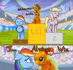 Size: 2000x1900 | Tagged: safe, artist:dummyhorse, artist:phutashi, imported from derpibooru, applejack, rainbow dash, oc, earth pony, pegasus, pony, comic, dialogue, floppy ears, medal, not derpy, plushie, podium, unamused, wat