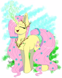 Size: 2783x3465 | Tagged: safe, artist:julunis14, imported from derpibooru, fluttershy, pony, unicorn, druid, eyes closed, flower, flower in hair, high res, magic, race swap, smiling, solo, unicorn fluttershy