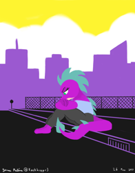 Size: 1100x1400 | Tagged: safe, artist:rockhoppr3, imported from derpibooru, spike, anthro, dragon, city, cityscape, clothes, nonbinary, nonbinary pride flag, nonexistent meet-cute [idlyam], older, older spike, pride, pride flag, sitting, solo, song reference, vylet pony