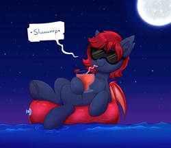 Size: 4000x3449 | Tagged: safe, artist:confetticakez, imported from derpibooru, oc, oc only, dracony, dragon, hybrid, pony, drink, drinking straw, full moon, inner tube, moon, night, smiling, solo, sunglasses, water