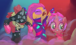 Size: 2000x1200 | Tagged: safe, artist:mandumustbasukanemen, imported from derpibooru, apple bloom, scootaloo, sweetie belle, pony, the show stoppers, atg 2021, clothes, costume, cutie mark crusaders, dancing, fog, newbie artist training grounds, screaming, stage, trio