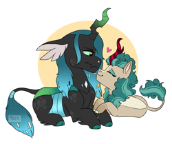 Size: 1971x1644 | Tagged: safe, artist:moccabliss, imported from derpibooru, queen chrysalis, rain shine, changeling, kirin, alternate design, crack shipping, female, leonine tail, lesbian, lying down, prone, shipping