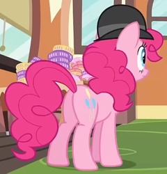 Size: 419x437 | Tagged: safe, imported from derpibooru, screencap, pinkie pie, pony, mmmystery on the friendship express, season 2, balloonbutt, bowler hat, butt, cropped, female, hat, plot, solo