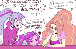 Size: 1600x1045 | Tagged: safe, artist:amazingpuffhair, imported from derpibooru, adagio dazzle, aria blaze, sonata dusk, equestria girls, breasts, choker, cleavage, cute, hair bun, pigtails, sonatabetes, the dazzlings, this will end in property damage