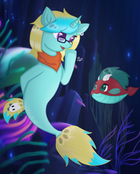 Size: 2194x2734 | Tagged: safe, artist:xmoonshinexkyokox, imported from derpibooru, oc, oc only, fish, pony, seapony (g4), unicorn, base used, bubble, clothes, coral, dorsal fin, female, fins, fish tail, flowing tail, glasses, green eyes, high res, horn, looking at you, ocean, purple eyes, scarf, seaponified, seaquestria, seaweed, species swap, tail, underwater, water