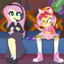 Size: 789x789 | Tagged: safe, artist:sunshmallow, edit, edited screencap, imported from derpibooru, screencap, fluttershy, sunset shimmer, equestria girls, equestria girls series, game stream, spoiler:eqg series (season 2), alternate hairstyle, angry, bed, bedroom eyes, blanket, blushing, choker, clothes, converse, dress, duo, eyeshadow, female, fishnets, flats, fluttergoth, gamer girl, goth, gritted teeth, headset, hoodie, lipstick, makeup, midriff, ponytail, psycho gamer sunset, shimmercode, shoes, skirt, sneakers, socks, stockings, thigh highs