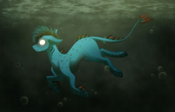 Size: 1280x818 | Tagged: safe, artist:scarletsfeed, imported from derpibooru, oc, oc only, hybrid, merpony, adoption, blank eyes, bubble, crepuscular rays, dark, doodle, fangs, fins, ocean, solo, swimming, tail, underwater, water