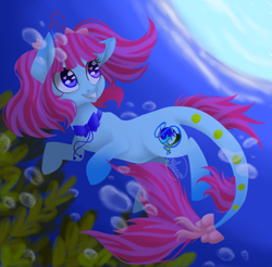 Size: 780x768 | Tagged: safe, artist:helithusvy, artist:thanhvy15599, imported from derpibooru, oc, oc only, merpony, bubble, dorsal fin, female, fish tail, flowing mane, flowing tail, ocean, pink mane, purple eyes, ribbon, seaweed, signature, smiling, solo, speedpaint, sunlight, swimming, tail, teeth, underwater, water, wingding eyes