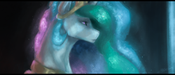 Size: 2320x1000 | Tagged: safe, artist:roda11, imported from derpibooru, princess celestia, alicorn, pony, black background, bust, crown, ethereal mane, female, flowing mane, glow, glowing, jewelry, multicolored hair, portrait, profile, purple eyes, regalia, signature, simple background, solo, starry mane