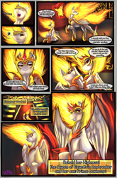 Size: 3760x5681 | Tagged: safe, artist:derpx1, imported from derpibooru, daybreaker, oc, oc:dawnstar, alicorn, pony, comic, commission, dialogue, female, fire, grin, male, mother and child, mother and son, smiling, throne, yawn