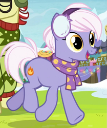 Size: 597x714 | Tagged: safe, imported from derpibooru, screencap, burning passion, flam, earth pony, pony, best gift ever, clothes, cropped, earmuffs, female, mare, open mouth, scarf, smiling, snow, solo focus