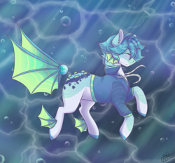 Size: 1071x994 | Tagged: safe, artist:scarletsfeed, imported from derpibooru, oc, oc only, pony, blue mane, blushing, bubble, clothes, crepuscular rays, ear fluff, eyes closed, fins, ocean, signature, smiling, solo, sunlight, swimming, underwater, water