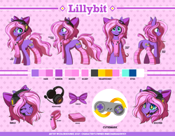 Size: 4000x3101 | Tagged: safe, artist:ask-colorsound, imported from derpibooru, oc, oc only, oc:lillybit, earth pony, pony, abstract background, bow, clothes, excited, female, gaming headset, hair bow, headphones, headset, mare, ref, reference sheet, scarf, smiling, socks, solo, striped socks