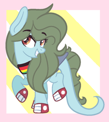 Size: 712x803 | Tagged: dead source, safe, artist:cherritoppu, artist:maiii-san, imported from derpibooru, oc, oc only, oc:rosetta spectress, earth pony, pony, abstract background, clothes, earth pony oc, eyelashes, grin, shoes, smiling, wings