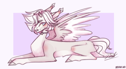 Size: 1552x856 | Tagged: safe, artist:auss1, imported from derpibooru, oc, oc only, pegasus, pony, abstract background, choker, colored hooves, lying down, pegasus oc, prone, signature, solo, wings