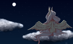 Size: 5000x3000 | Tagged: safe, artist:auss1, imported from derpibooru, fluttershy, pegasus, pony, cloud, female, full moon, mare, moon, night, on a cloud, outdoors, signature, sitting, sitting on a cloud, sitting on cloud, solo, spread wings, stars, wings