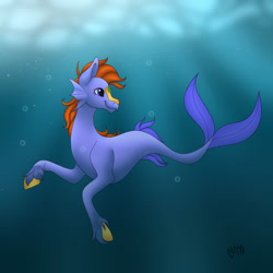 Size: 828x828 | Tagged: safe, artist:ittybittybiters, imported from derpibooru, oc, oc only, merpony, seapony (g4), blue tail, bubble, crepuscular rays, digital art, dorsal fin, fish tail, flowing tail, neopets, ocean, orange mane, peophin, purple eyes, signature, smiling, solo, sunlight, swimming, tail, underwater, unshorn fetlocks, water