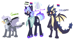 Size: 1600x845 | Tagged: safe, artist:l00giedoogie, imported from derpibooru, oc, oc only, oc:goose, oc:obsidian, oc:rune stone, dragon, griffon, pony, unicorn, interspecies offspring, magical lesbian spawn, male, offspring, parent:gabby, parent:garble, parent:princess ember, parent:spike, parent:starlight glimmer, parent:trixie, parents:emble, parents:spabby, parents:startrix, stallion