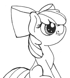 Size: 640x719 | Tagged: safe, artist:ewoudcponies, imported from derpibooru, apple bloom, earth pony, pony, adorabloom, black and white, cute, eye covered by hair, female, filly, grayscale, hair over one eye, lineart, monochrome, solo, traditional art