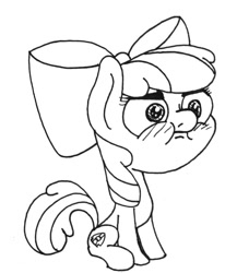 Size: 640x737 | Tagged: safe, artist:ewoudcponies, imported from derpibooru, apple bloom, earth pony, pony, big head, black and white, blushing, female, filly, grayscale, monochrome, sitting, solo, stare, traditional art