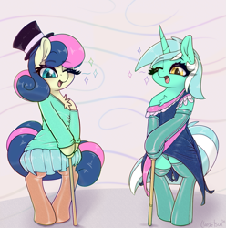 Size: 1275x1284 | Tagged: safe, artist:llametsul, imported from derpibooru, bon bon, lyra heartstrings, sweetie drops, earth pony, pony, unicorn, adorabon, atg 2021, chest fluff, clothes, couple, cute, dress, ear fluff, female, hat, lesbian, lyrabetes, lyrabon, mare, newbie artist training grounds, one eye closed, open mouth, panties, shipping, skirt, smiling, socks, sparkles, standing, stockings, thigh highs, top hat, underwear, wink