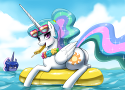 Size: 1500x1078 | Tagged: safe, artist:johnjoseco, imported from derpibooru, princess celestia, princess luna, alicorn, pony, alternate hairstyle, butt, female, flower, food, ice cream, inflatable toy, mouth hold, ocean, plot, popsicle, royal sisters, siblings, sisters, summer, sunbutt