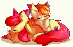 Size: 1280x829 | Tagged: safe, artist:pledus, imported from derpibooru, apple bloom, oc, oc:deliambre, earth pony, pony, adorabloom, cheek fluff, cute, duo, ear fluff, eyes closed, lying down, older, older apple bloom, onomatopoeia, open mouth, prone, simple background, sleeping, snot bubble, sound effects, white background, zzz