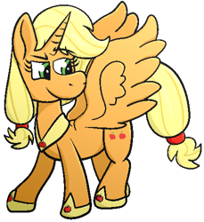 Size: 866x944 | Tagged: safe, artist:xppp1n, imported from ponybooru, applejack, alicorn, pony, alicornified, alternate hairstyle, female, hoof shoes, mare, peytral, princess applejack, race swap, raised eyebrow, simple background, smug, solo, spread wings, transparent background, wings