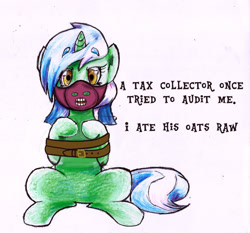 Size: 1602x1496 | Tagged: safe, artist:manny b.garcia, artist:mannybcadavera, edit, editor:hotkinkajou, lyra heartstrings, pony, unicorn, /mlp/, colored pencil drawing, food, hannibal lecter, looking at you, oats, paper, sitting, solo, stolen oats, traditional art, unofficial edits thread