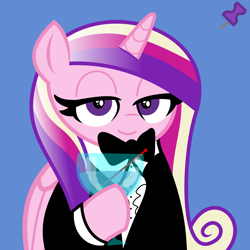 Size: 2048x2048 | Tagged: safe, artist:dtavs.exe, imported from ponybooru, princess cadance, alicorn, pony, acres avatar, alcohol, base used, clothes, female, lidded eyes, looking at you, mare, martini, olive, smiling, suit, tuxedo