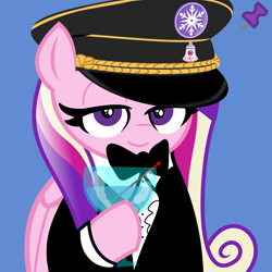 Size: 2048x2048 | Tagged: safe, artist:dtavs.exe, imported from ponybooru, princess cadance, alicorn, pony, acres avatar, alcohol, base used, clothes, female, hat, holding, lidded eyes, looking at you, mare, martini, olive, smiling, suit, tuxedo