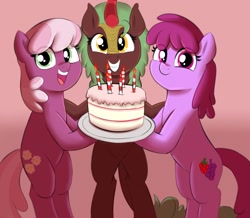 Size: 3132x2725 | Tagged: safe, artist:heretichesh, imported from ponybooru, berry punch, berryshine, cheerilee, cinder glow, summer flare, earth pony, kirin, pony, bipedal, birthday cake, cake, candle, eye clipping through hair, female, food, happy, holding, looking at you, mare, open mouth, smiling, trio