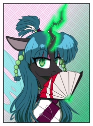 Size: 3029x4096 | Tagged: safe, artist:niggerdrawfag, queen chrysalis, changeling, changeling queen, abstract background, border, clothes, female, lidded eyes, looking at you, magic, paper fan, smiling, solo, telekinesis, white border, wings